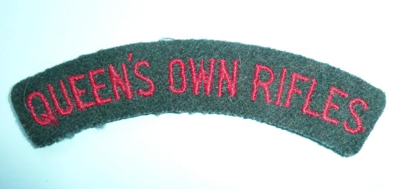 Queen's Own Rifles Woven Red on Green Felt Cloth Shoulder Title