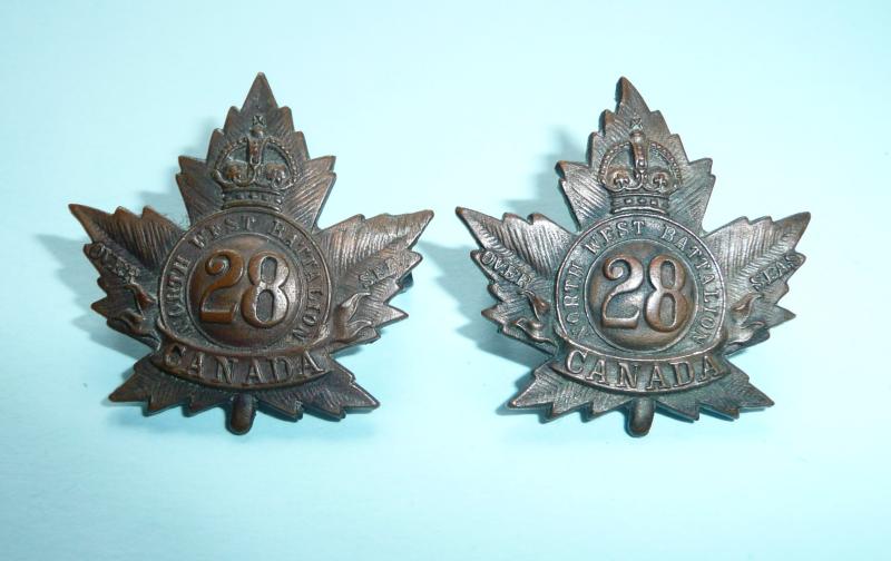 WW1 Canada 28th Battalion CEF Canadian Expeditionary Force Matched Pair of Collar Badges