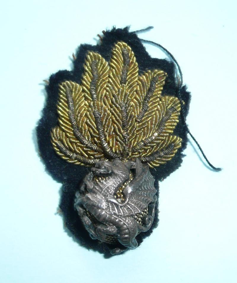 Royal Welsh Fusiliers RWF Officers Gold Bullion with Silver Plated Dragoon, Black felt backing, as worn on No 1 Full Dress Cap