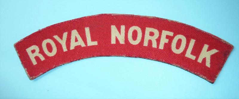 WW2 Royal Norfolk Regiment Printed Red on White Cloth Shoulder Title