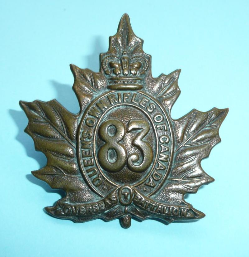 WW1 Canadian - 83rd CEF Battalion Queen's Own Rifles of Canada Cap Badge - Ellis