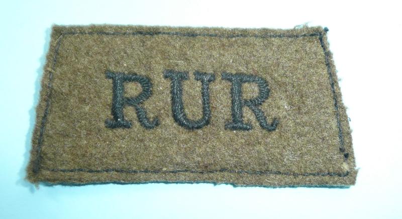 WW2 Royal Ulster Rifles (RUR) Woven Black on Khaki Shoulder Title Slip-On