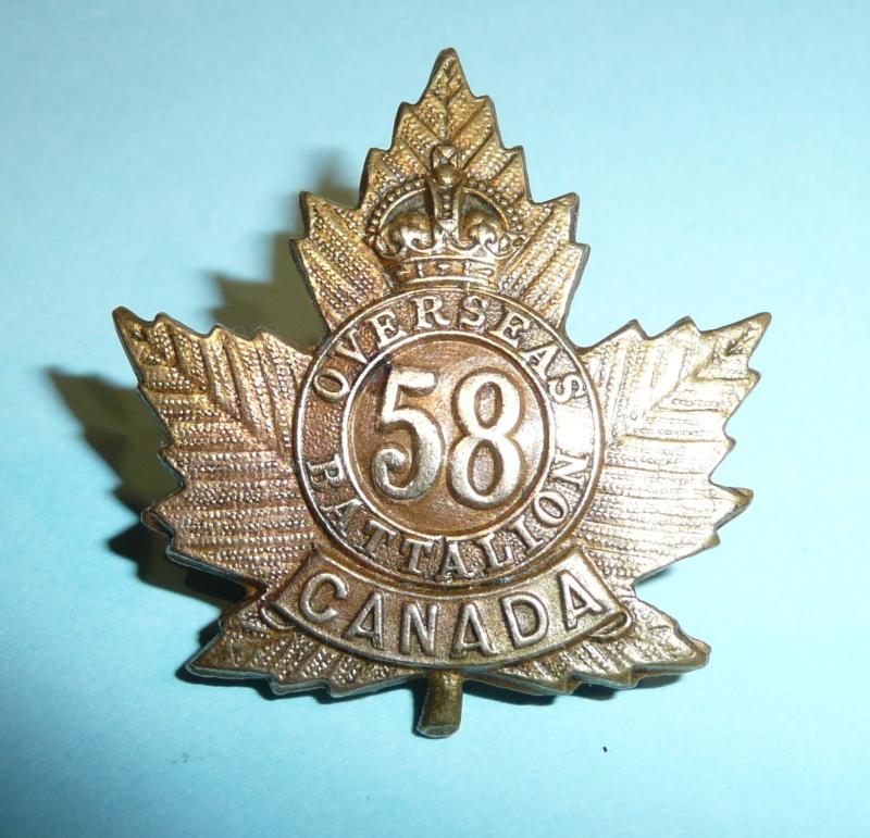 WWI Canada -  58th CEF Overseas Infantry Battalion Brass Cap Badge (2nd Version)