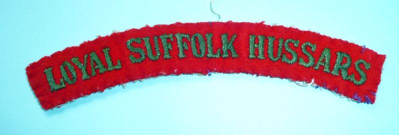 Loyal Suffolk Hussars (Yeomanry) Embroidered Green on Red Felt Cloth Shoulder Title