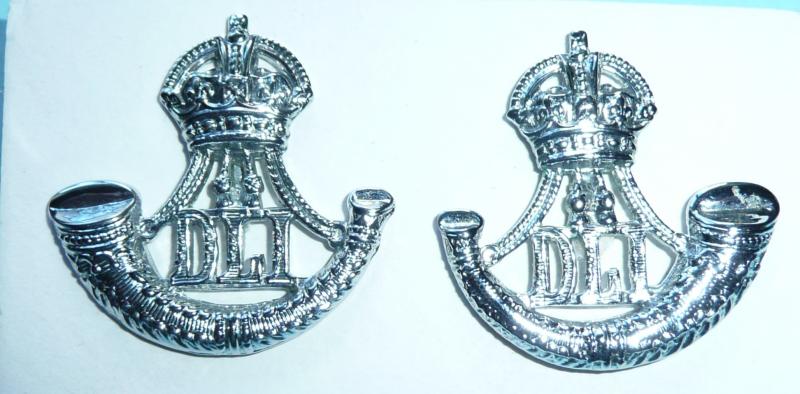 Durham Light Infantry (DLI) Chromed White Metal Facing and Matched Pair of Collar Badges, King's Crown