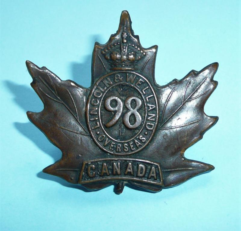 WW1 Canada - 98th (Lincoln & Welland) Battalion CEF Canadian Expeditionary Force  Bronzed Cap Badge - Ellis & Co 1916