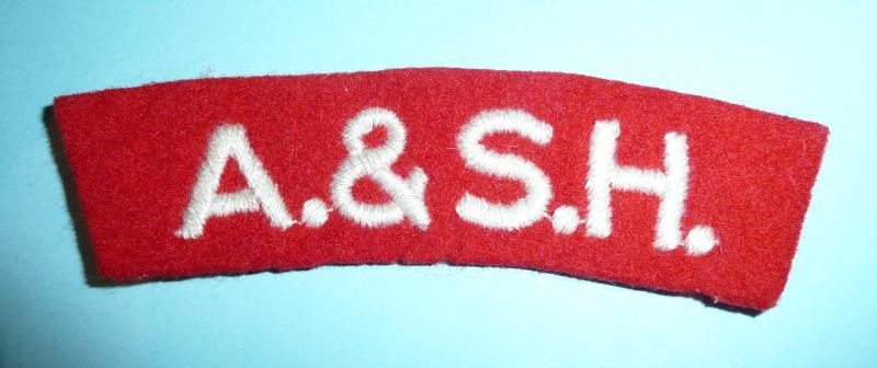WW2 'A&SH' Argyll and Sutherland Highlanders Woven White on Red Felt Cloth Shoulder Title
