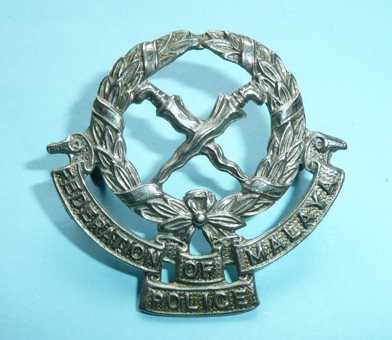 Federation of Malaya Police White Metal Cap Badge