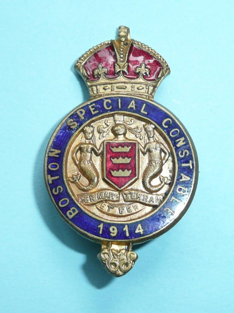WW1 Boston Borough (Lincolnshire) Special Constable Constabulary Police Gilt and Enamel Lapel Buttonhole Mufti Badge - Dated 1914