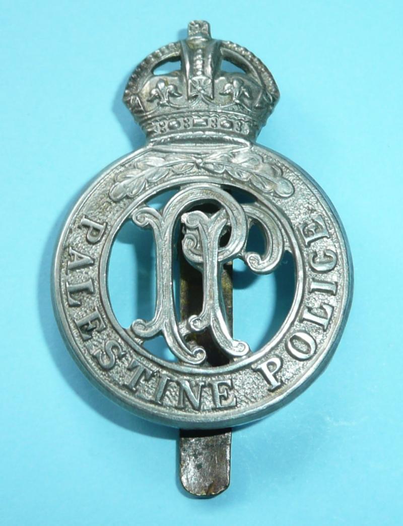 Middle East - Palestine Police White Metal Cap Badge, Kings Crown - Dowler