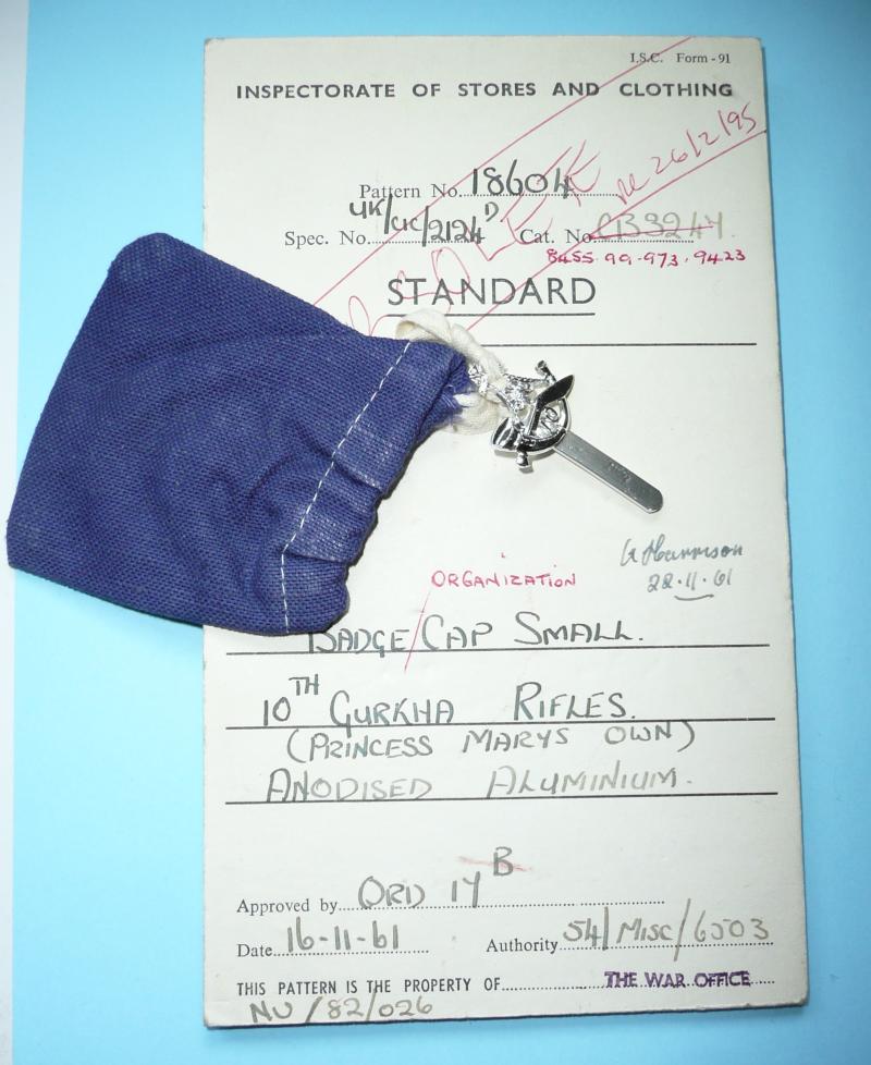 British Army Sealed Pattern Card and Badge - 10th (Princess Mary's Own) Small Anodised AA Staybrite Cap Badge