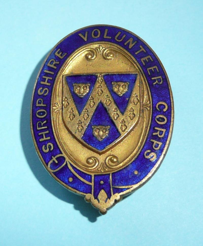 WW1 Home Front - Shropshire Volunteer Corps VTC Gilt & Enamel Mufti Lapel Buttonhole Badge