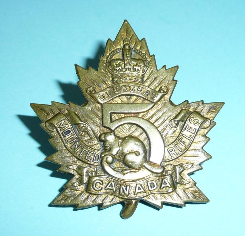 WW1 Canada - 5th Mounted Rifles (Sherbrooke, Quebec) CEF Canadian Expeditionary Force Cap Badge - Inglis