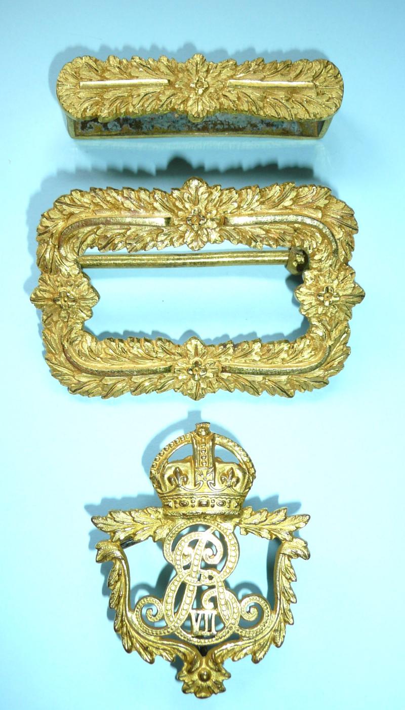 Edwardian Belt Ornaments Fire Gilt EDVII Cypher on Belt end, Matching Slide and Buckle, Yeomanry?