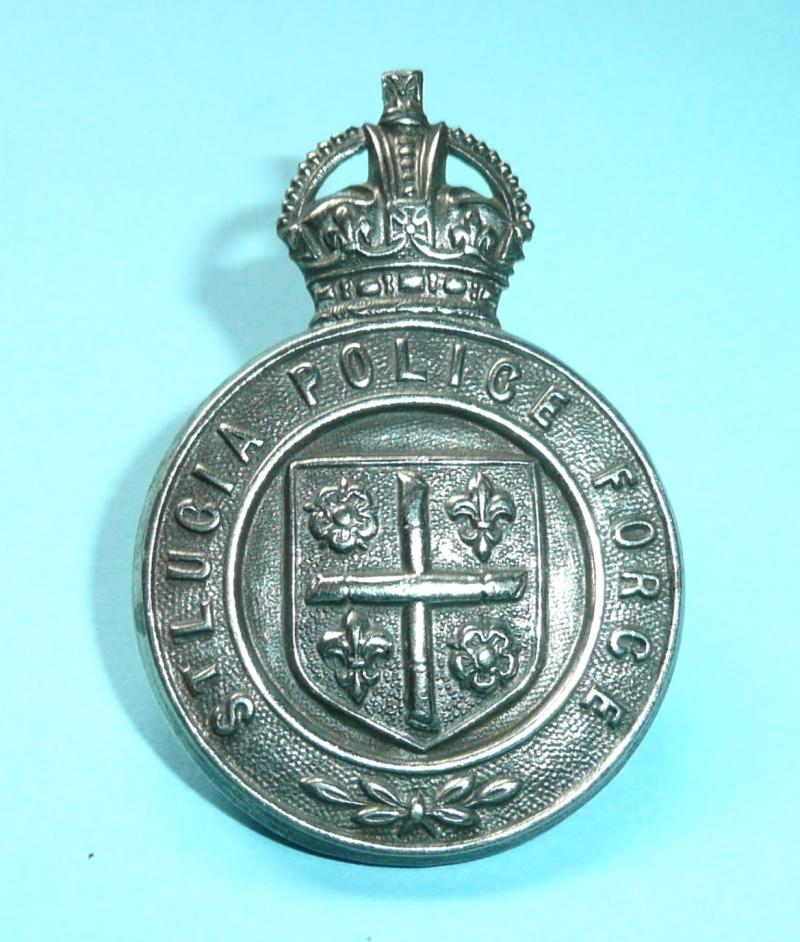 West Indies - St Lucia Police Force White Metal Cap Badge, King's Crown