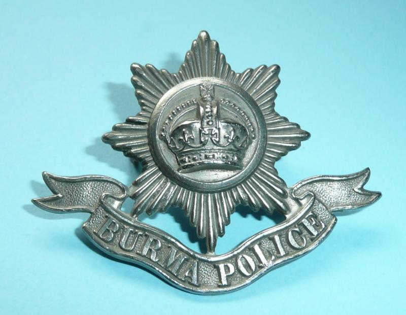 Indian Sub-Continent - Burma Police Other Ranks White Metal Cap Badge, King's Crown