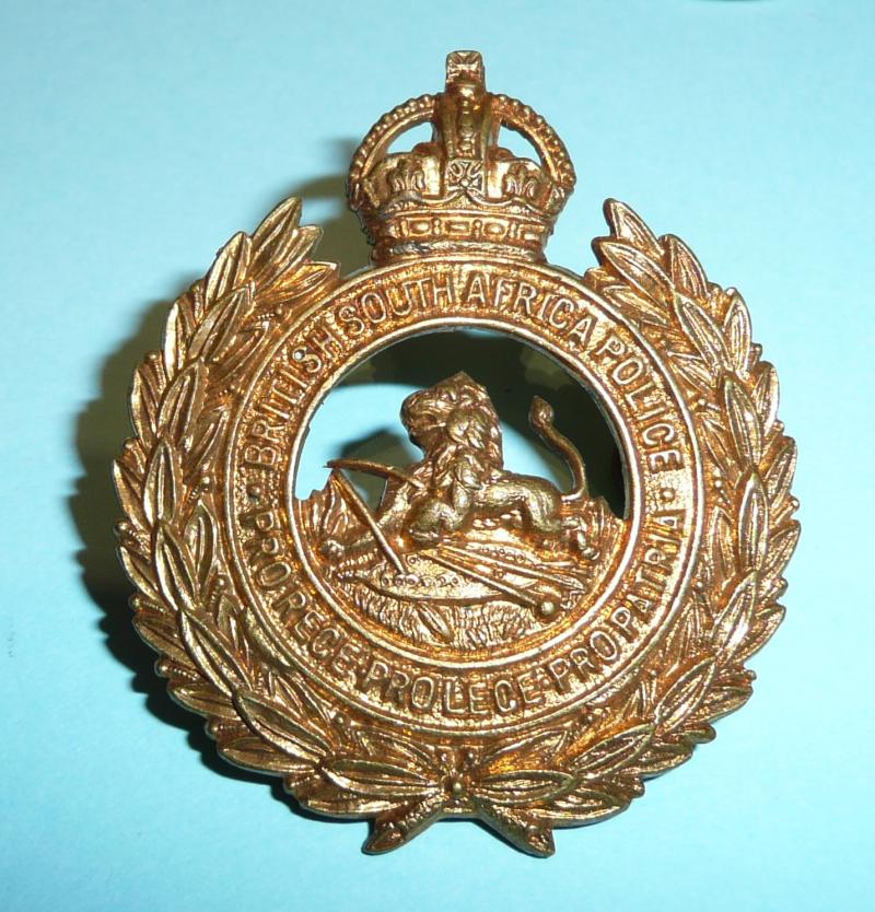 Rhodesia British South Africa Police Brass Helmet Plate and Cap Badge, Voided