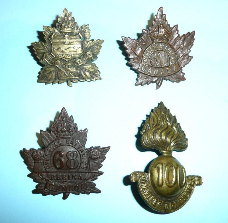 WW1 Canada - Lot of 4 different CEF Cap Badges, 31st, 50th, 68th and 100th Battalions