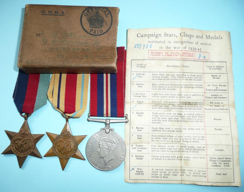 WW2 Campaign Medals Boxed with Entitlement Slip - 107th Royal Horse Artillery (RHA)  (South Nottinghamshire Hussars Yeomanry (T.A.)) Casualty Group  - Battle of Knightsbridge, North Africa