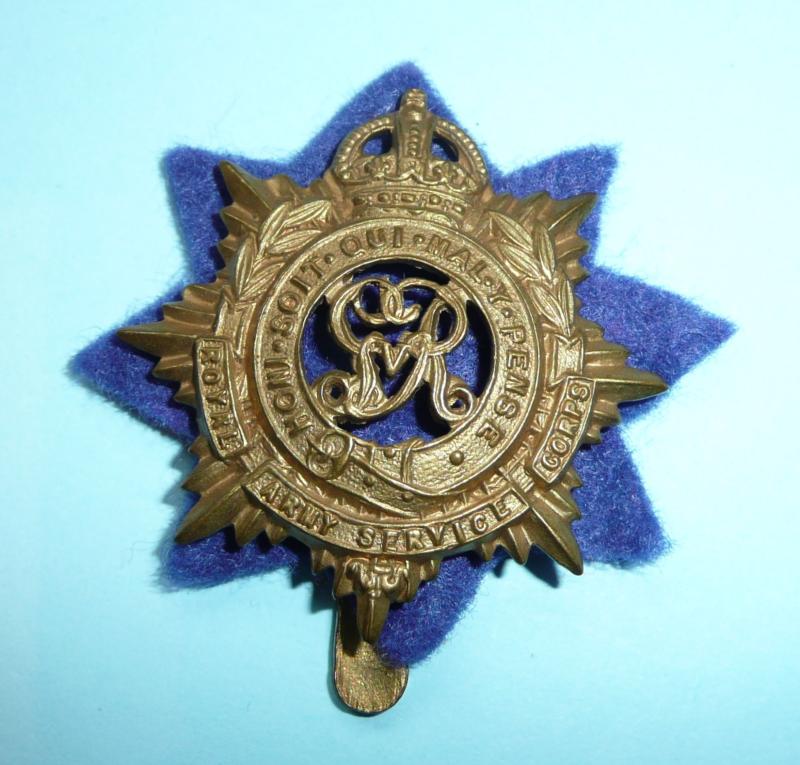 Royal Army Service Corps (RASC)  George V (GV) pattern brass cap badge with backing