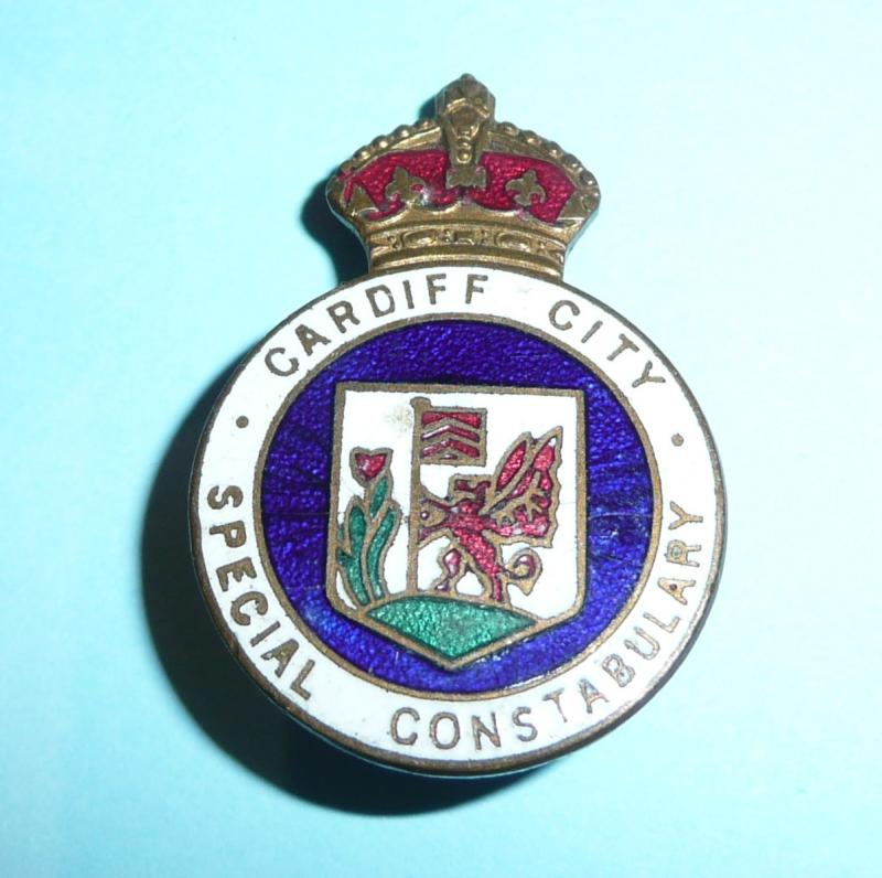 WW2 Cardiff City (Wales / Welsh) Special Constable Constabulary Police Gilt and Enamel Mufti Buttonhole Lapel Badge