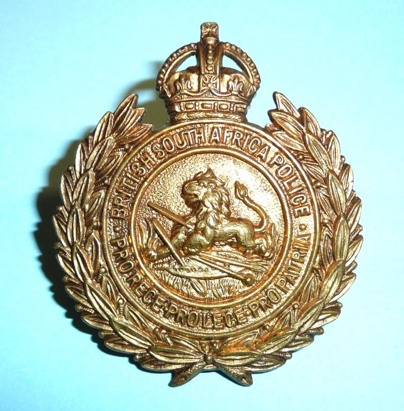 Rhodesia British South Africa Police Brass Helmet Plate and Cap Badge, Unvoided - Firmin