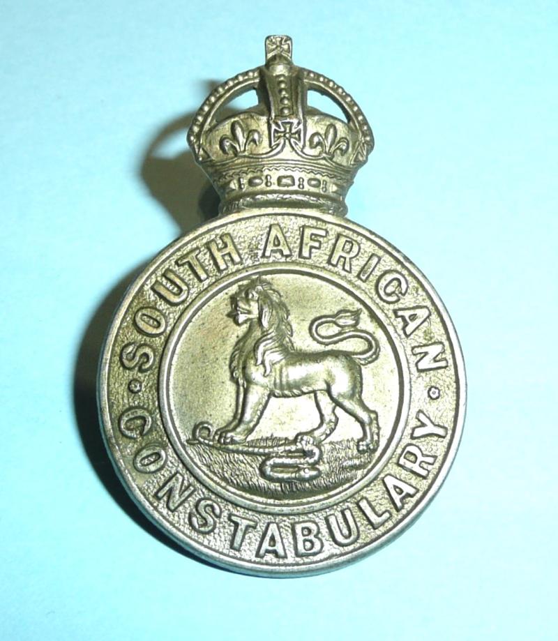 South African Constabulary Edwardian White Metal Helmet and Cap Badge, Kings Crown