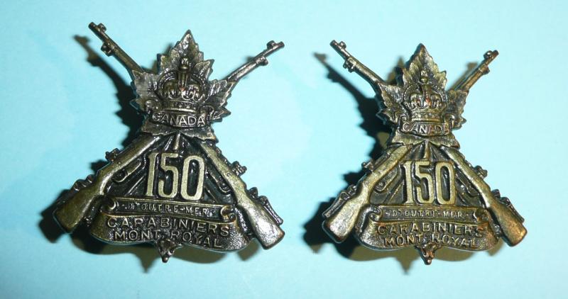 WW1 Canada - 150th (Carabiniers Mont Royal) Canadian Expeditionary Force (CEF) Overseas Battalion Pair of Collar Badges