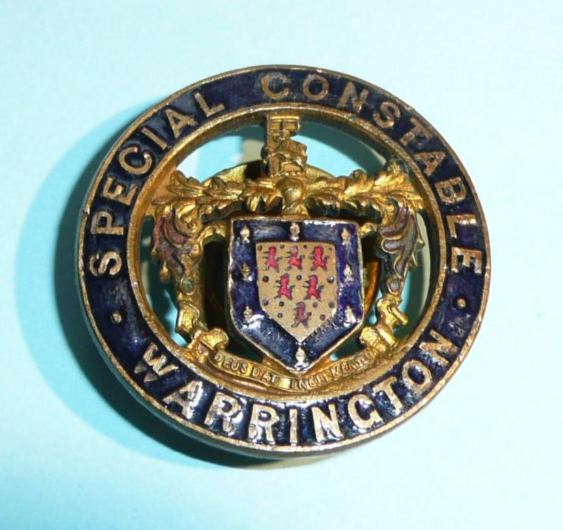 WW1 Warrington Borough Police (Lancashire) Special Constable Constabulary Voided Gilt & Enamel Mufti Buttonhole Lapel Badge - Smaller pattern