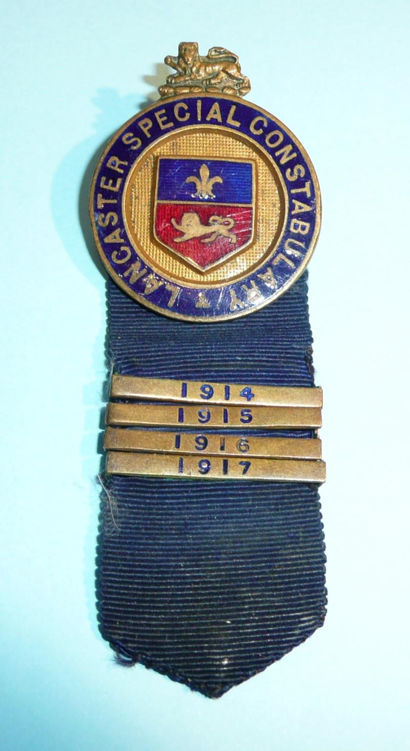 WW1 Lancaster Special Constable Constabulary Police Mufti Buttonhole Lapel Badge - Ribbon with Service Bars