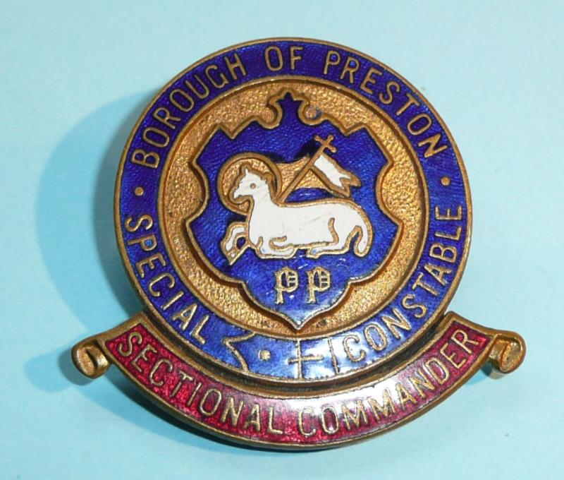 WW1 Preston Borough Police (Lancashire) Special Constable Constabulary Police Gilt & Enamel Mufti Buttonhole Lapel Badge - Sectional Commander