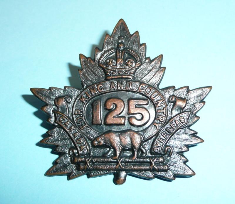 WW1 Canada - 125th Overseas Infantry Battalion (Brantford) Canadian Expeditionary Force (CEF) Browning Copper Cap Badge