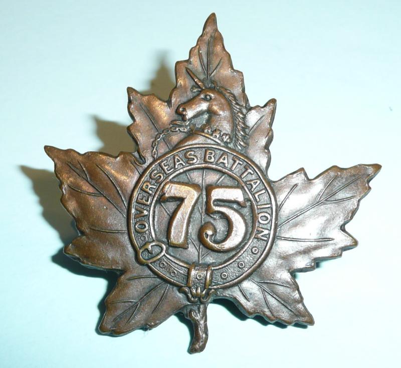 WW1 Canada - 75th Infantry Overseas Battalion (Toronto / Mississauga) Canadian Expeditionary Force (CEF) Browning Copper Cap Badge