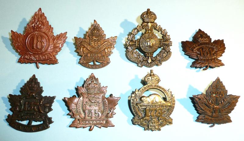 WW1 Canada - A lot of 8 Different CEF Cap Badges All in good condition with original loops.