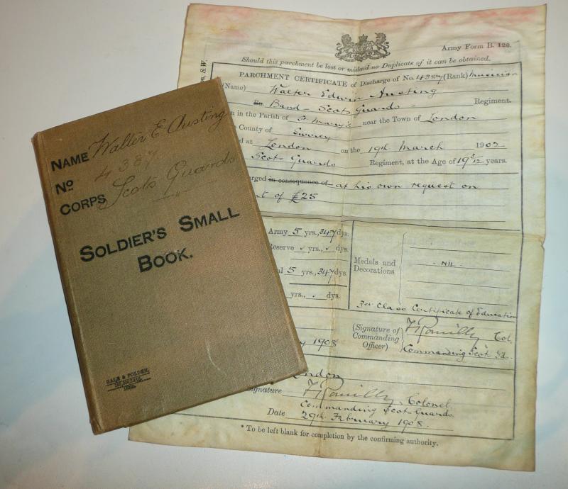 Victorian British Army Soldiers Small Book (Army Form B50) & Discharge Certificate - Walter Edwin Austing - Scots Guards