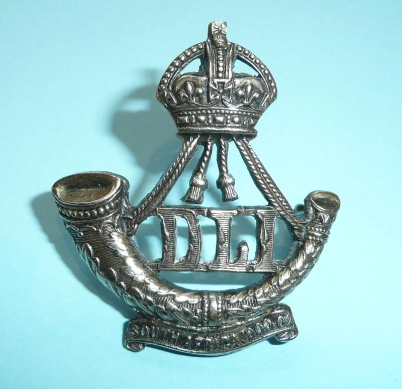 Durham Light Infantry ( DLI ) Territorial Officers Silver Plated Cap Badge - South Africa Scroll