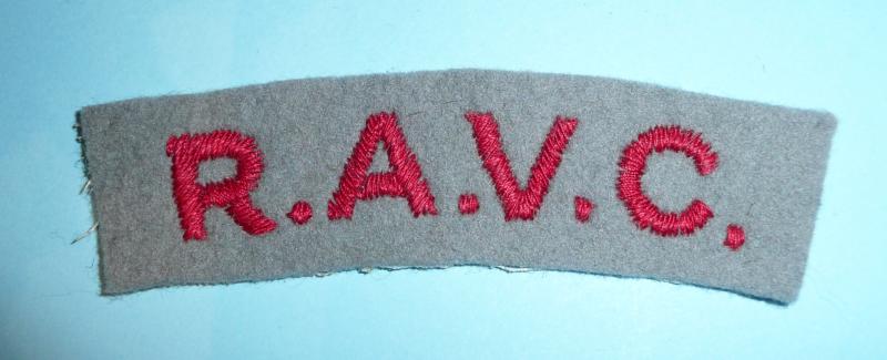 RAVC Royal Army Veterinary Corps Embroidered Red on Light Grey Felt Cloth Shoulder Title