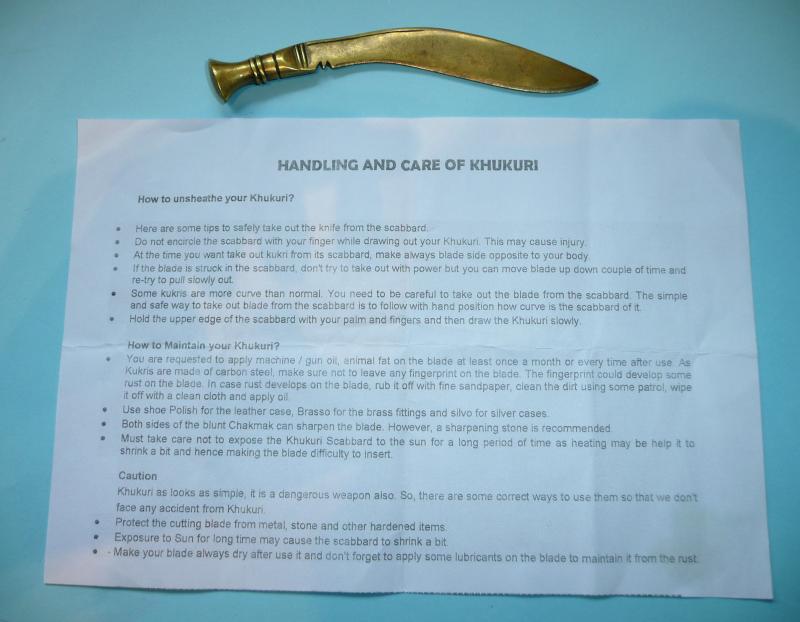 Trench Art Brass Letter Opener in form of a Gurkha Khiukuri - Plus instructional note to Gurkha soldiers on how to hand and care for the real thing!