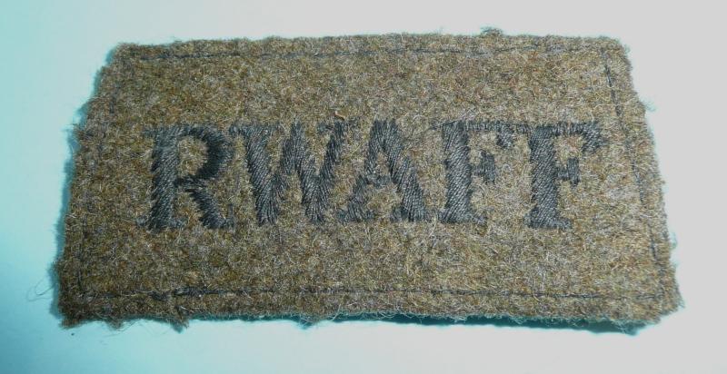 WW2 RWAFF (Royal West African Frontier Force Woven Black on Khaki Slip-On Cloth Shoulder Title