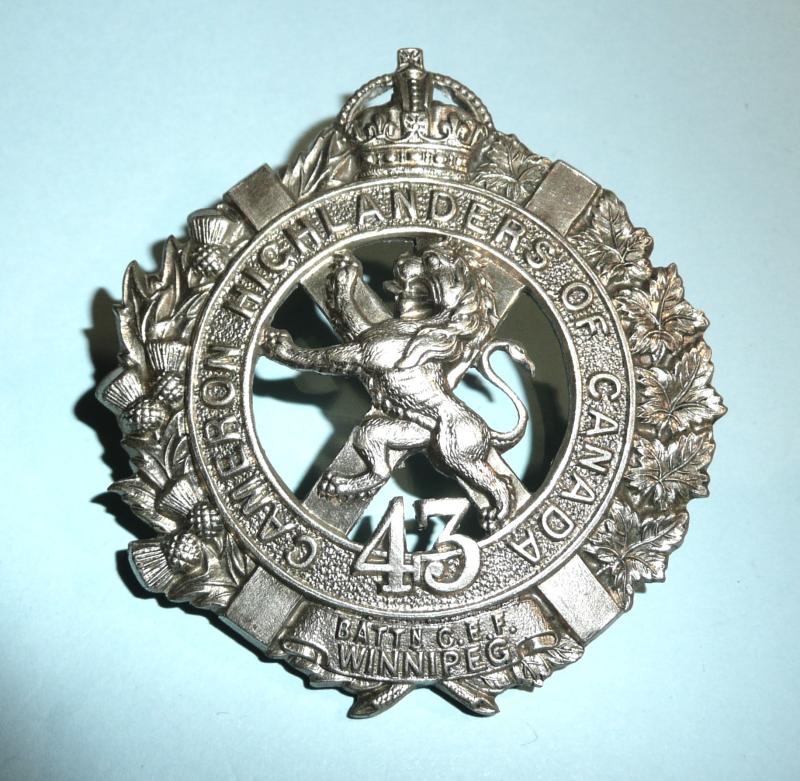 WW1 Canada  - 43rd CEF (Winnipeg) Cameron Highlanders of Canada White Metal Glengarry Cap Badge