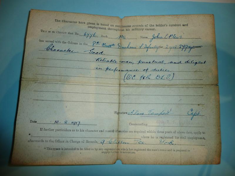 WW1 Silver War Badge (SWB) Award Document Plus Discharge Certificate to Pte John Plews, 8th (TF) Battalion Durham Light Infantry (DLI)