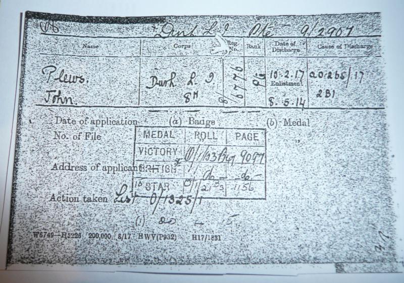 WW1 Silver War Badge (SWB) Award Document Plus Discharge Certificate to Pte John Plews, 8th (TF) Battalion Durham Light Infantry (DLI)
