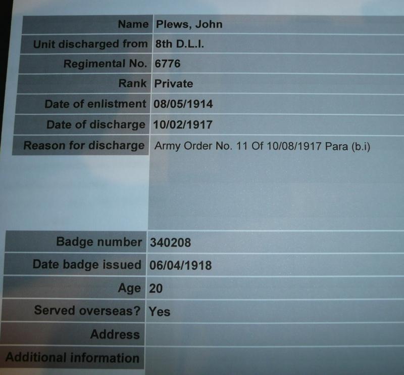 WW1 Silver War Badge (SWB) Award Document Plus Discharge Certificate to Pte John Plews, 8th (TF) Battalion Durham Light Infantry (DLI)