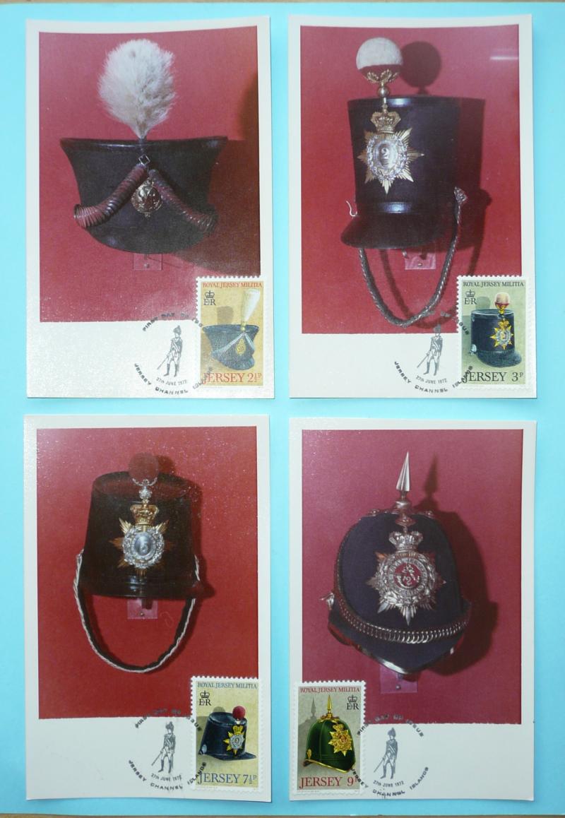 Jersey Militia Headdress Postcards and Stamp Set - Dated 1972