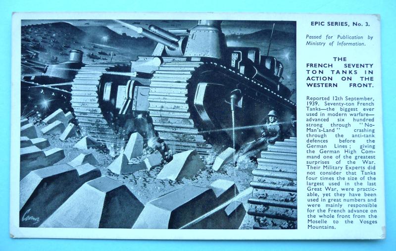 WW2 B&W Art Postcard  - Epic Series No 3  - French Tanks in Action at the Front in 1939