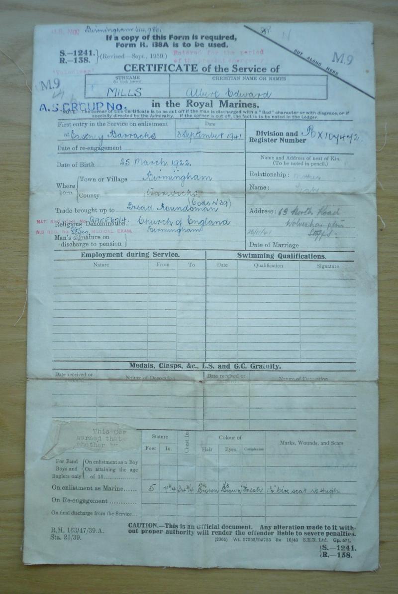 WW2 Service Papers Royal Marine Albert Edwards Mills