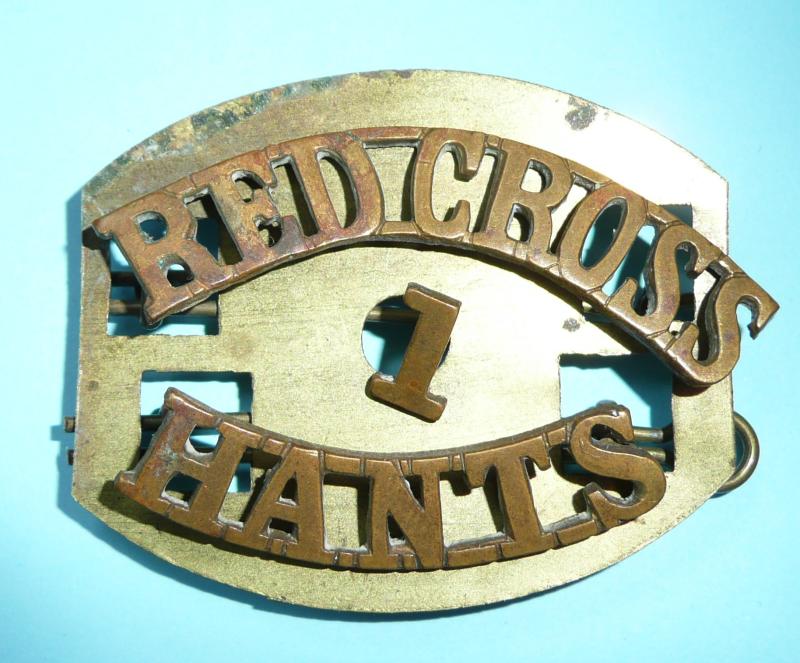 Red Cross / 1 / Hants (Hampshire) Three Part Brass Shoulder Title on Brass Backing Plate