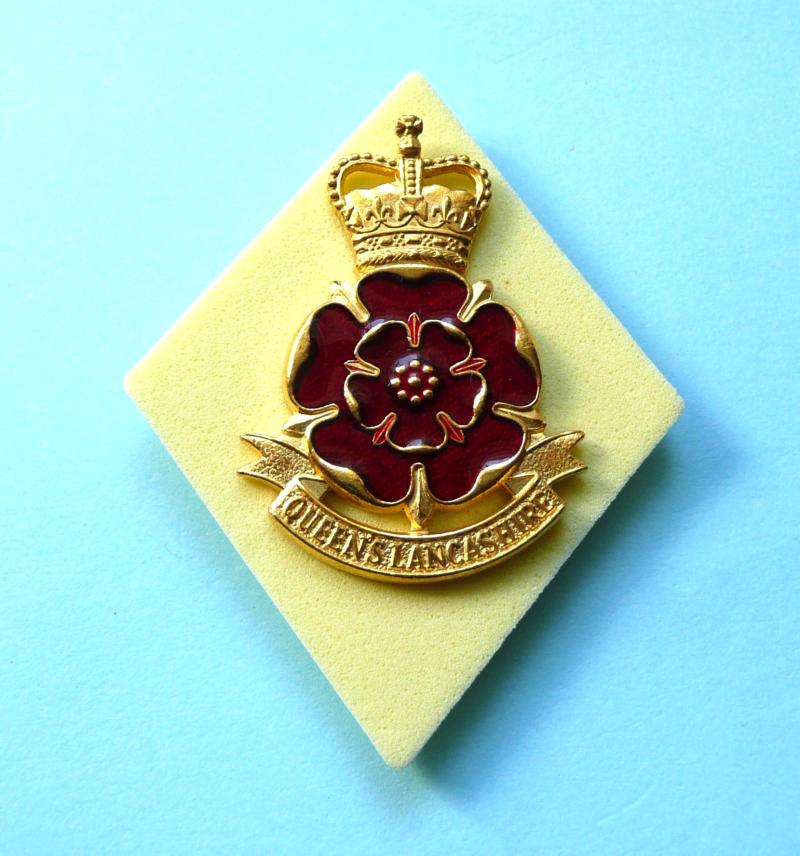 The Queen's Lancashire Regiment QLR Other Ranks Cap Badge on Yellow Foam Backing - Firmin
